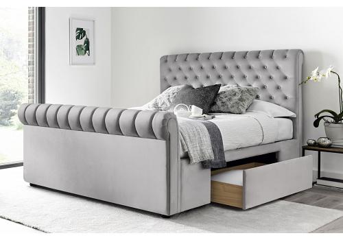 4ft6 Double Grey soft velvet fabric upholstered,Chesterfield buttoned drawer storage bed frame 1